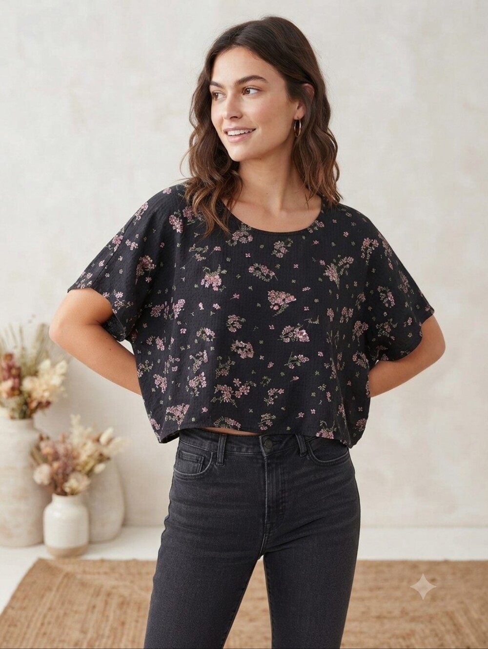 Lucky Brand Black Floral Crop Top Blouse Size Small